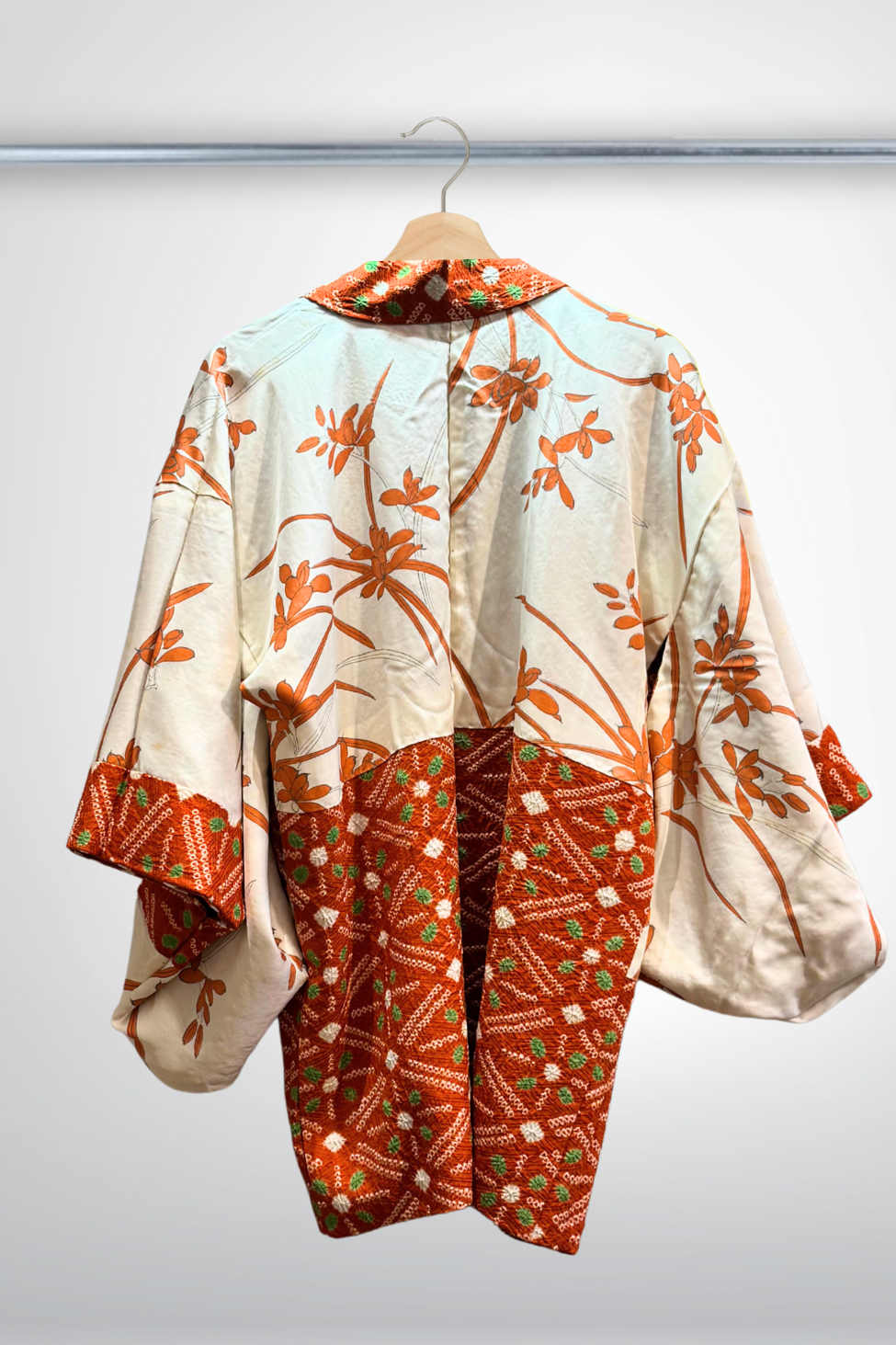 "Aki" Veste Haori Kimono Shibori Orange, Vert & Blanc  - Ha.Na