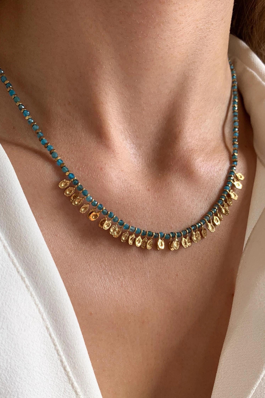 "Elisabeth" Collier en Pierre Naturelle Apatite Avec Pendentifs Dorés