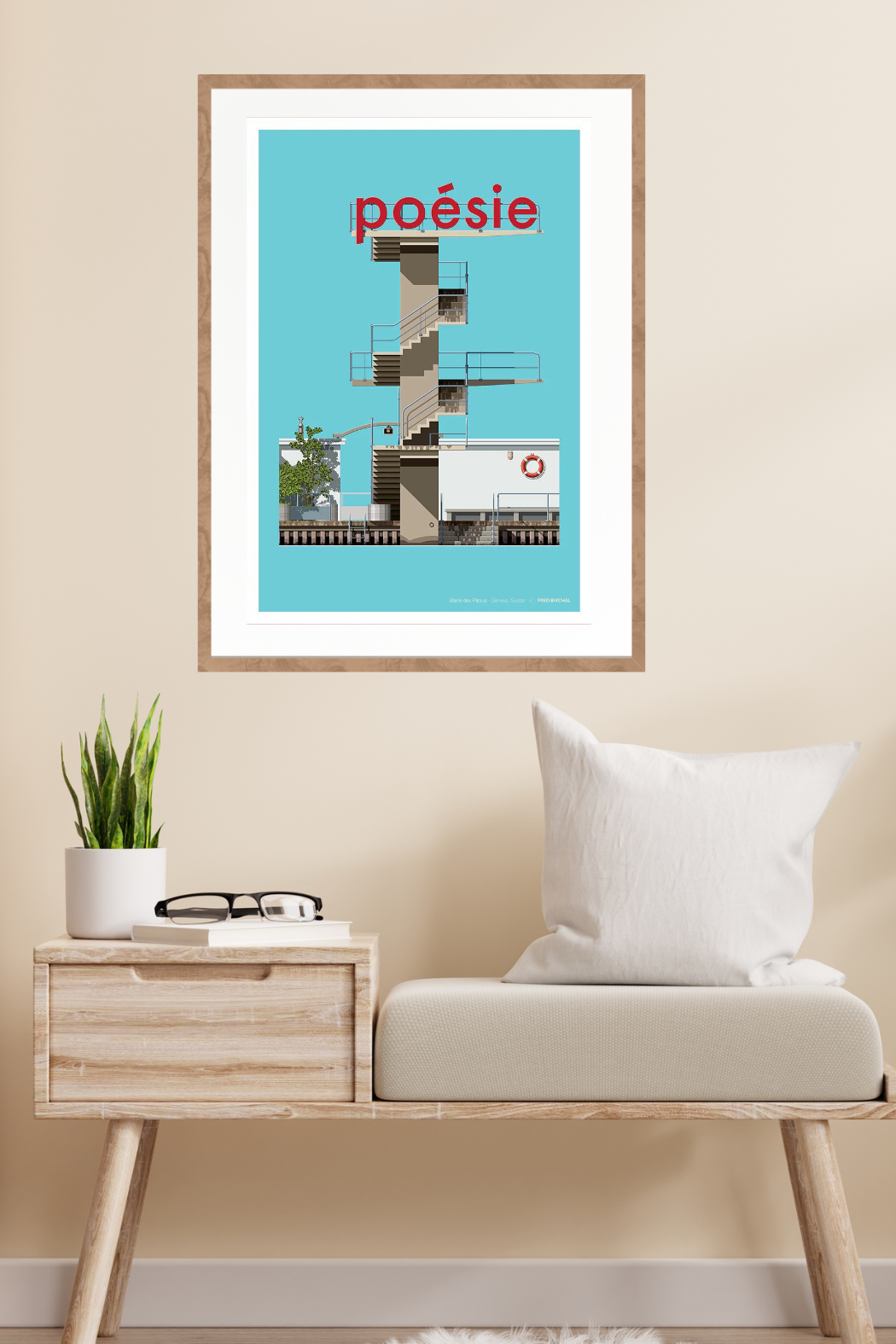Illustration 'Bains des Pâquis Genève_2' encadrée bois 50x70 - BLK&YLW Genève