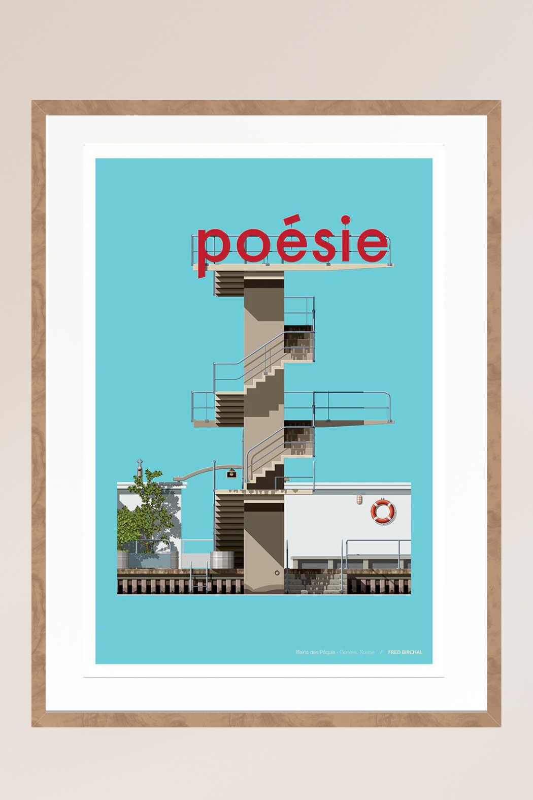 Illustration 'Bains des Pâquis' encadrée bois 50x70 - Bora.Studio