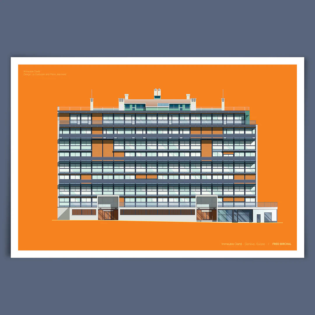 Illustration Encadrée 'Immeuble Clarté | Genève' 50x70 cm | Bois - Bora.Studio