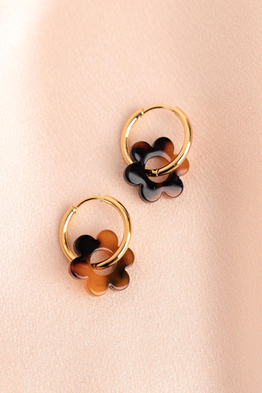 "Louise" - Boucles d’oreilles créoles fleurs brun en acier inoxydable