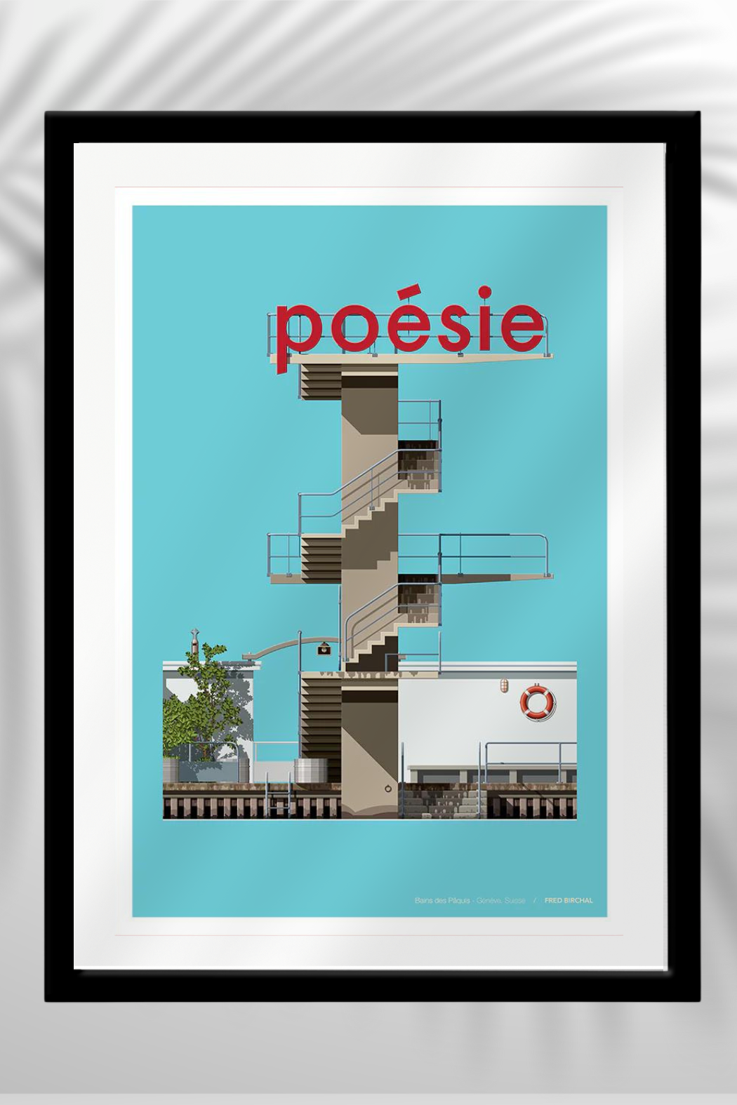 Framed Illustration 'Bains des Pâquis | Geneva' 50x70cm | Wood - Bora.Studio