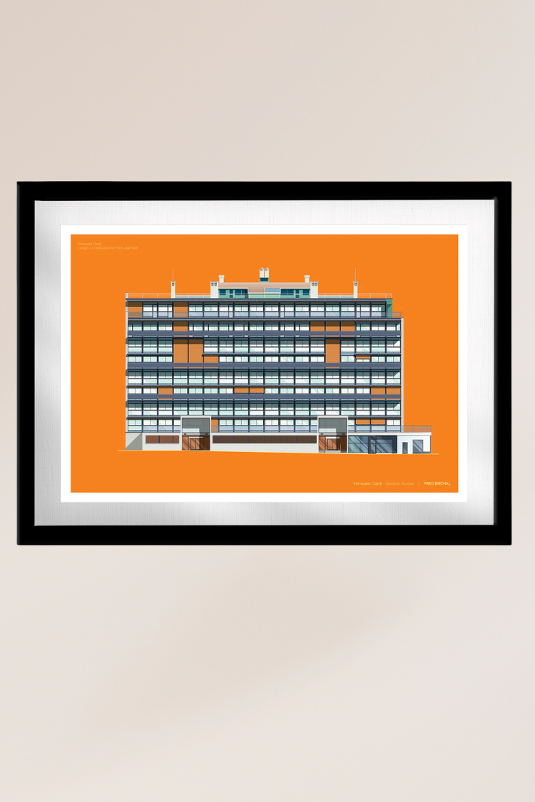 Illustration Encadrée 'Immeuble Clarté | Genève' 50x70 cm | Bois - Bora.Studio