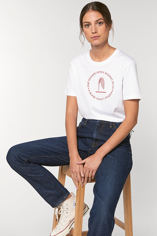 Unisex T-Shirt '140m Jet D'eau Genève' White | Red - Atelier Siblings